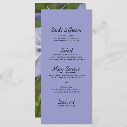 Menu Mariage Fleurs de colonne bleue (Devant / Derrière)