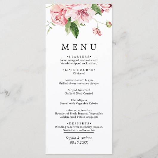 Menu Mariage Fleurs de pivoines roses (Devant)