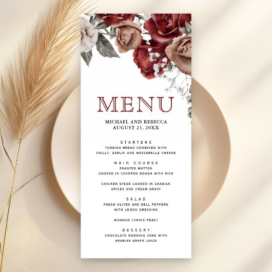 Menu Mariage Fleurs de Roses Rouges Bourgogne