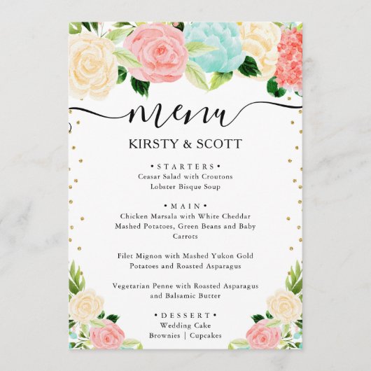 Menu Mariage Fleurs d'été Rose et Menthe (Devant)