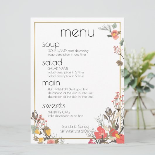 Menu mariage - Fleurs et cadre Or (Debout devant)