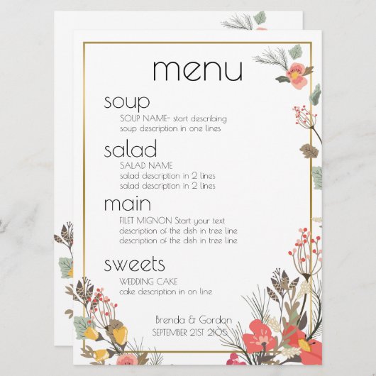 Menu mariage - Fleurs et cadre Or (Devant / Derrière)