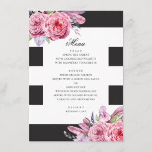 Menu Mariage fleurs et plumes bohème rose aquarelle