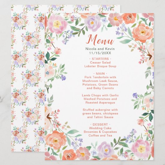 Menu Mariage Fleurs florales printanières (Devant / Derrière)