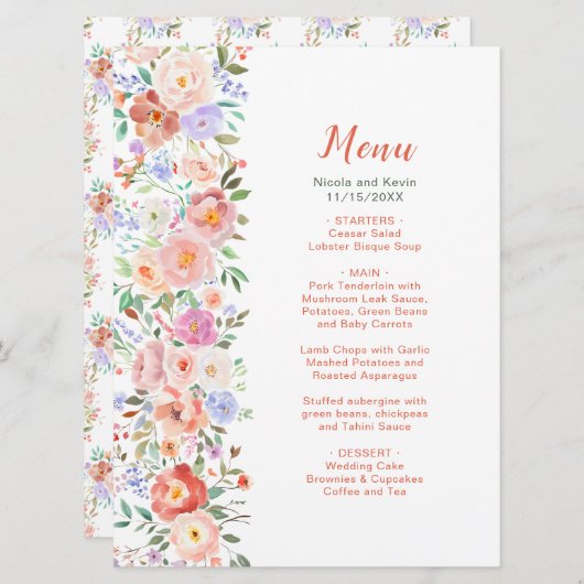 Menu Mariage Fleurs florales printanières (Devant / Derrière)