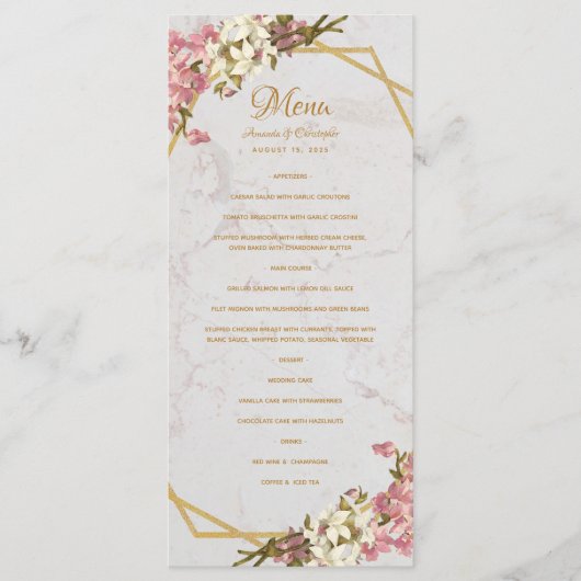 Menu Mariage Fleurs Géométriques Marbre Doré et Orchidé (Devant)