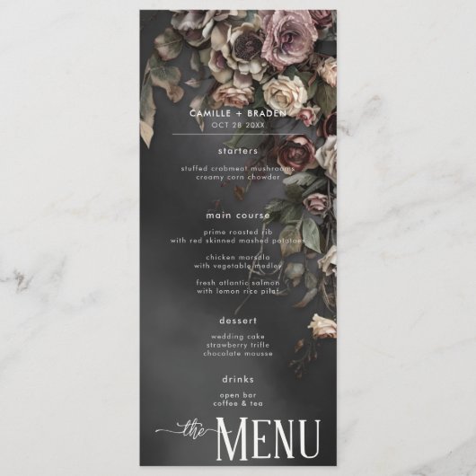 Menu Mariage Fleurs Gothiques Noires et Brume (Devant)
