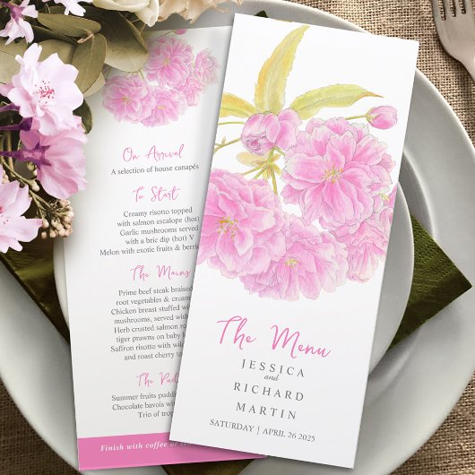 Menu mariage fleurs rose double fleurs