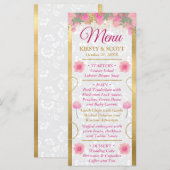Menu Mariage Fleurs Roses et Or à l'aquarelle (Devant / Derrière)