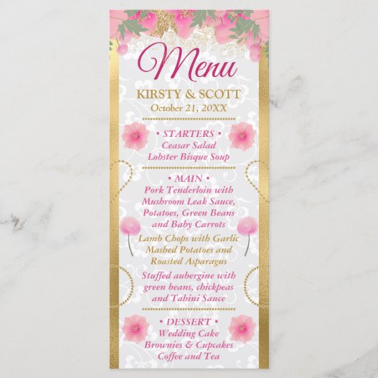 Menu Mariage Fleurs Roses et Or à l'aquarelle (Devant)