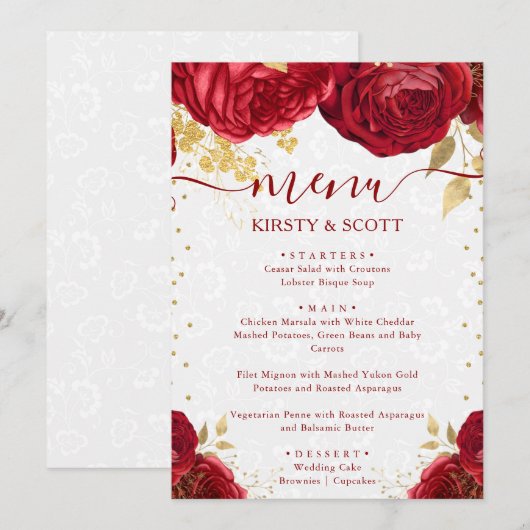 Menu Mariage Fleurs Rouge et Or Aquarelle (Devant / Derrière)