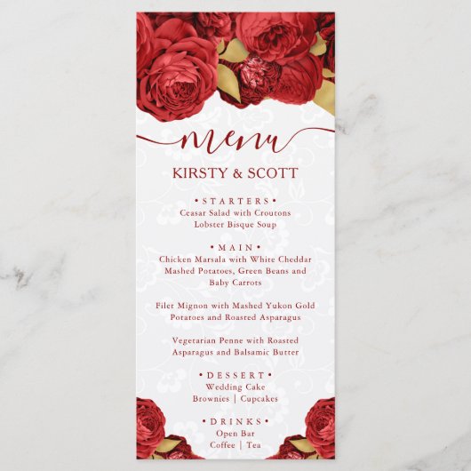 Menu Mariage Fleurs Rouges et Or Aquarelle (Devant)