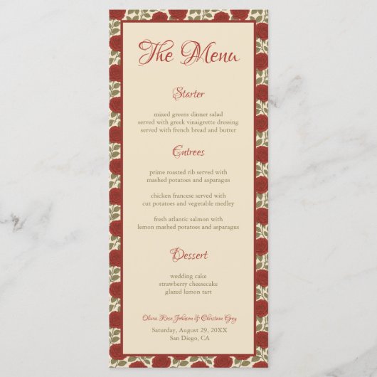 Menu Mariage Fleurs rouges vintages (Devant)