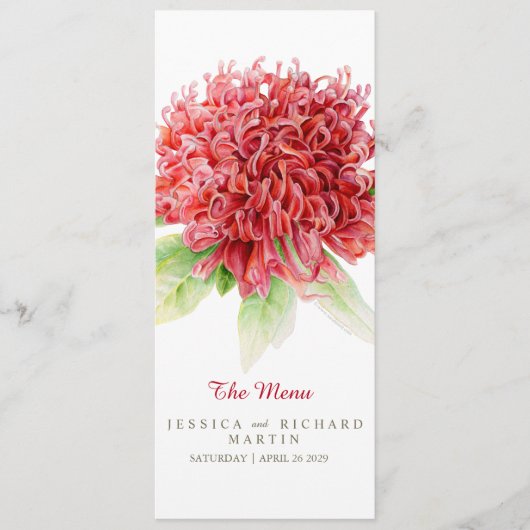 Menu mariage fleurs rouges Waratah (Devant)