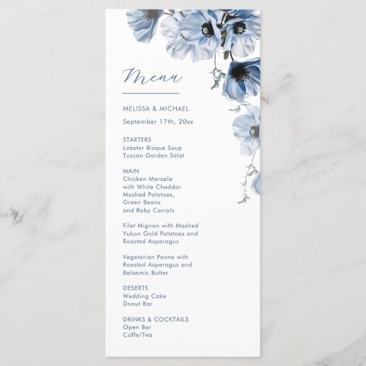 Menu Mariage Fleurs Transparentes Bleues (Devant)