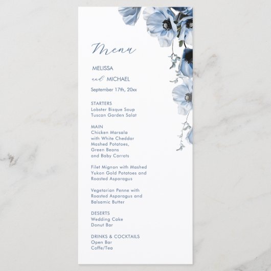Menu Mariage Fleurs Transparentes Bleues (Devant)