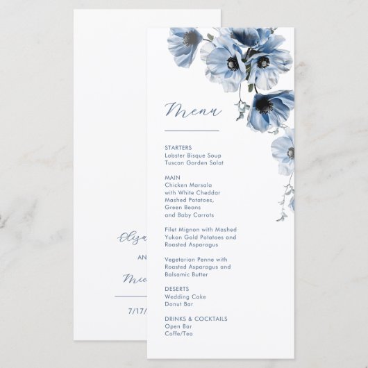 Menu Mariage Fleurs Transparentes Bleues (Devant / Derrière)