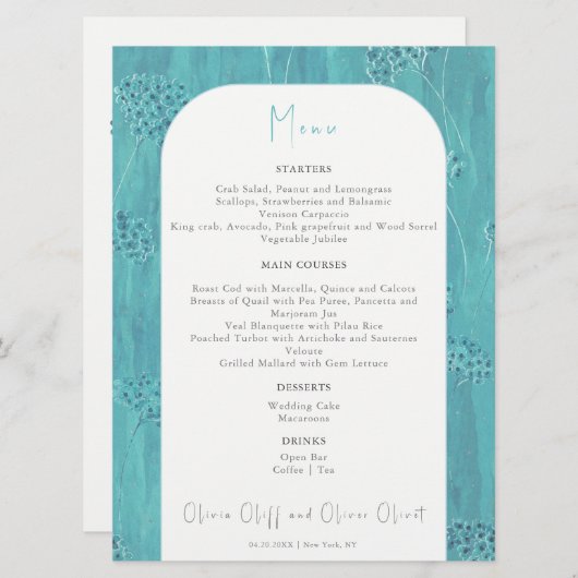 Menu Mariage Fleurs Turquoise Cute (Devant / Derrière)