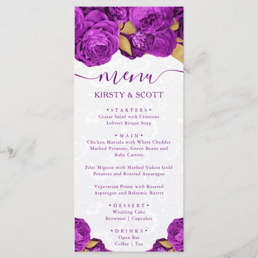 Menu Mariage Fleurs Violet et Or Aquarelle (Devant)