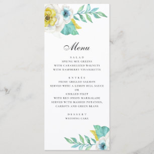 Menu Mariage floral aquarelle bleu jaune et menthe