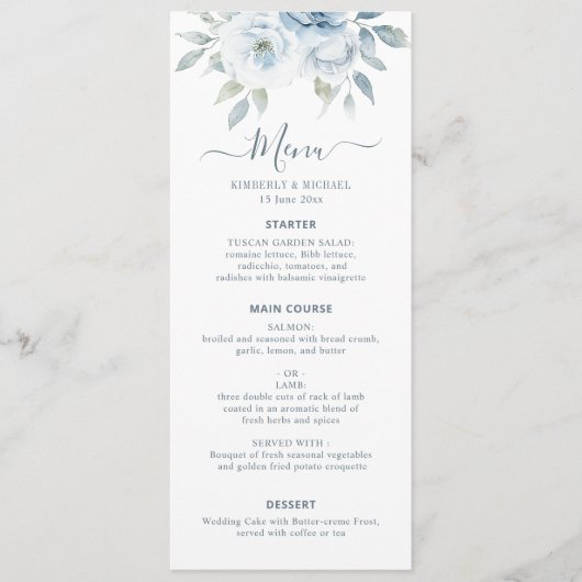 Menu mariage floral aquarelle bleu poussiéreux  (Devant)