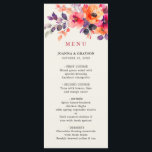Menu Mariage Floral Aquarelle Orange Rose Clair Gras<br><div class="desc">Ce menu de mariage époustouflant présente une composition florale aquarelle audacieuse et artistique qui éclate de riches nuances. Le coin supérieur droit met en valeur des fleurs peintes à la main dans des tons corail rose vibrant, orange mandarine, prune profond, pourpre mûre et bleu marine minuit, adoucis par un feuillage...</div>