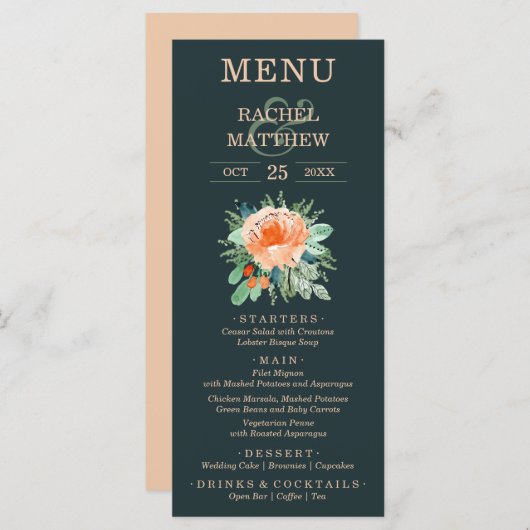 Menu Mariage Floral Aquarelle Turquoise (Devant / Derrière)