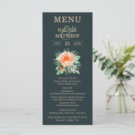 Menu Mariage Floral Aquarelle Turquoise (Debout devant)