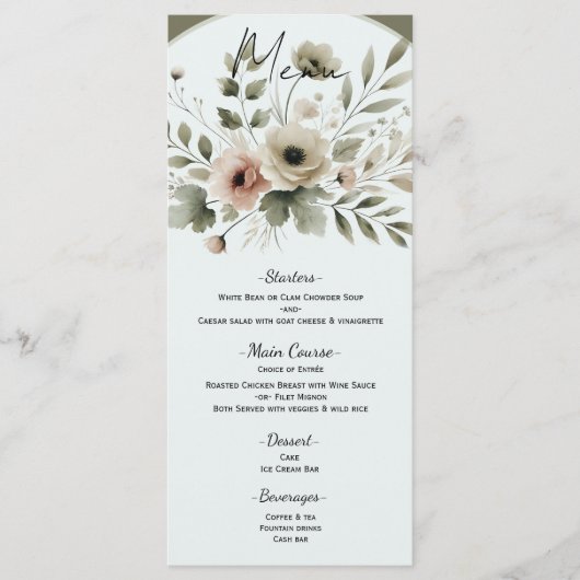 Menu Mariage Floral Aquarelle Vert Olive Kaki (Devant)
