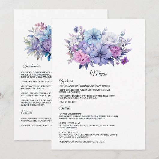 Menu Mariage floral argent, bleu glacé et lilas (Devant / Derrière)