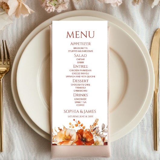 Menu Mariage Floral Automnal Élégant Rustique