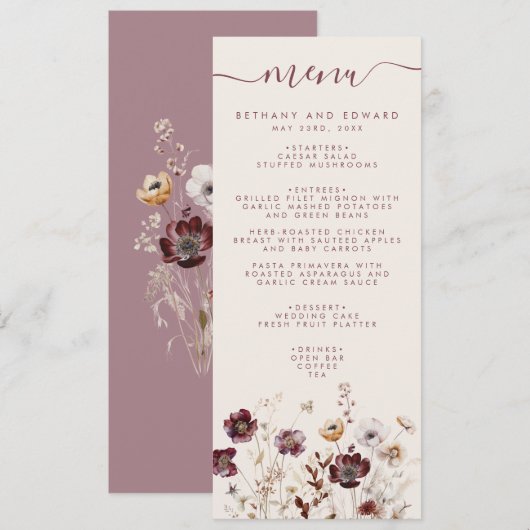 Menu Mariage floral automne (Devant / Derrière)