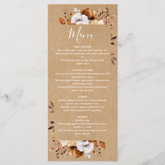 Menu Mariage Floral Automne Kraft Rustique (Devant)
