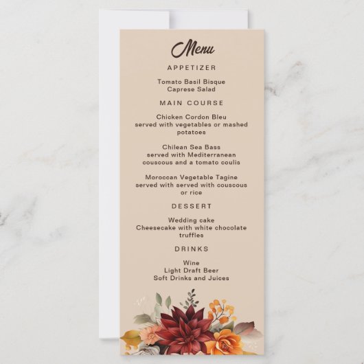 Menu Mariage Floral Automne Terracotta Lumière (Devant)