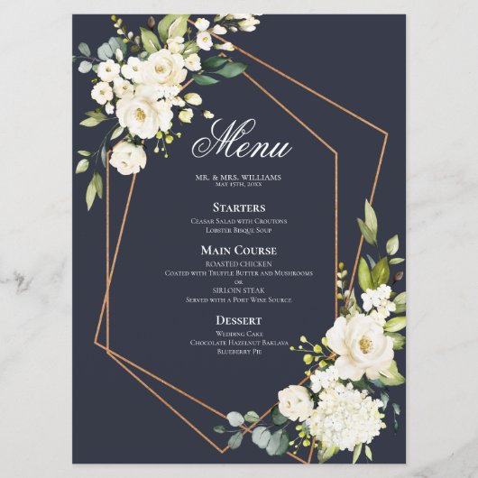 Menu Mariage floral blanc blanc bleu cuivré géométrique (Devant)