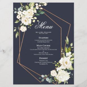 Menu Mariage floral blanc blanc bleu cuivré géométrique