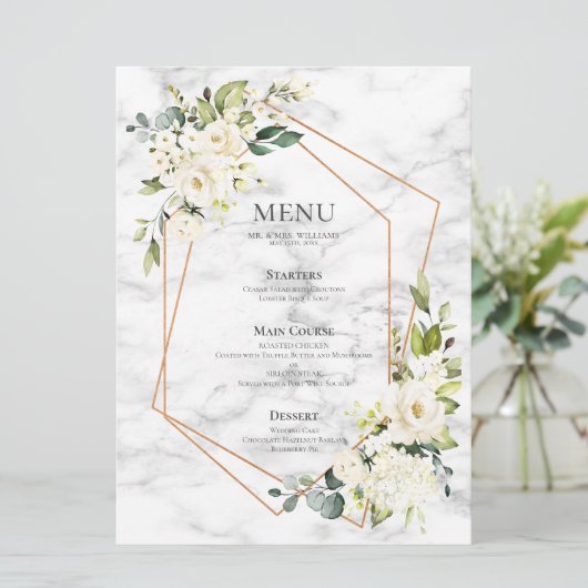 Menu Mariage floral blanc blanc en marbre géométrique c (Debout devant)