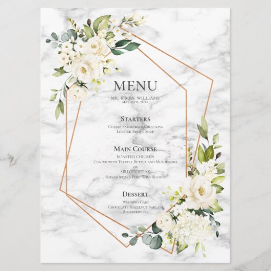 Menu Mariage floral blanc blanc en marbre géométrique c (Devant)