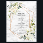 Menu Mariage floral blanc blanc en marbre géométrique c<br><div class="desc">Moderne et tendance,  ce menu mariage présente une géométrie en faux cuivre agrémentée d'une aquarelle blanche fleurie et d'arrangements floraux d'eucalyptus,  sur une texture imitation marbre blanc. Copyright Invitations élégants. Tous droits réservés.</div>