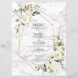 Menu Mariage floral blanc blanc en marbre géométrique c