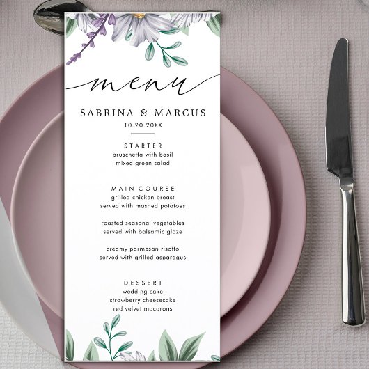 Menu Mariage floral blanc élégant
