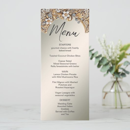 Menu Mariage Floral Blanc Or Décor (Debout devant)