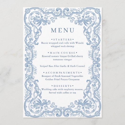 Menu Mariage Floral bleu bleu de la Renaissance (Devant)