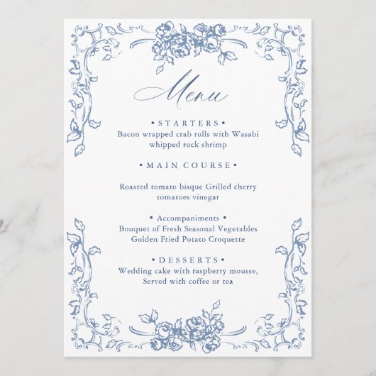 Menu Mariage Floral bleu bleu de la Renaissance (Devant)