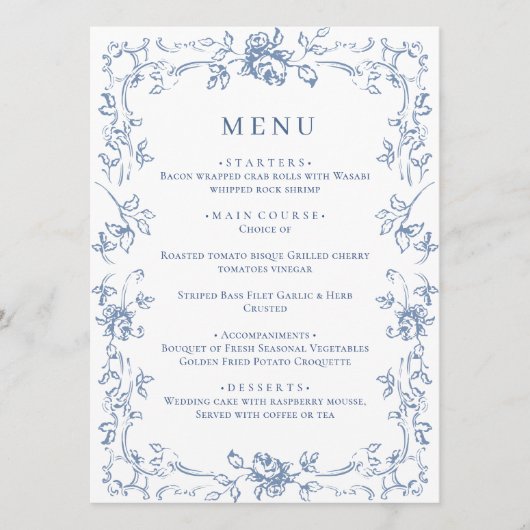 Menu Mariage Floral bleu bleu de la Renaissance (Devant)