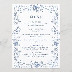 Menu Mariage Floral bleu bleu de la Renaissance