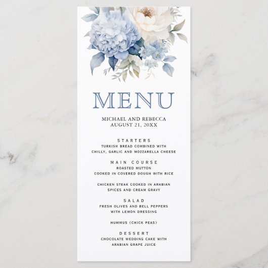 Menu Mariage floral bleu et blanc (Devant)