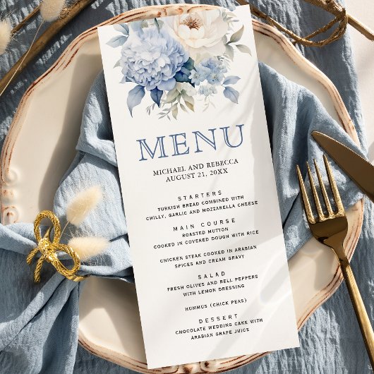Menu Mariage floral bleu et blanc