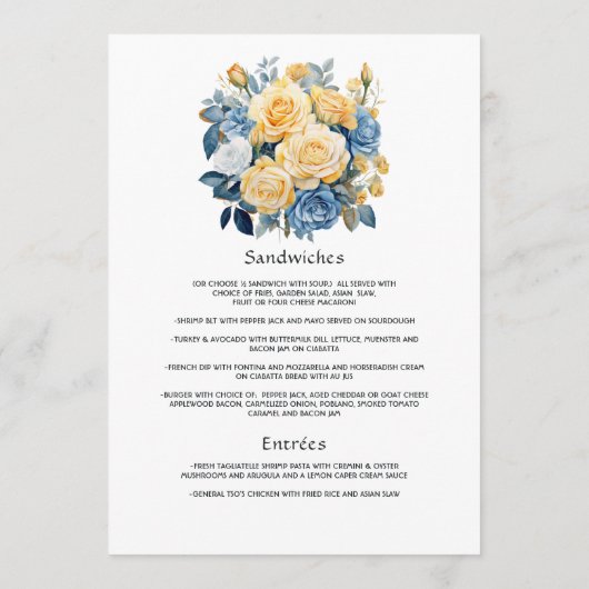 Menu Mariage floral bleu et or (Dos)