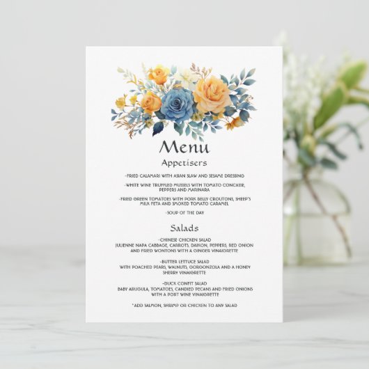 Menu Mariage floral bleu et or (Debout devant)